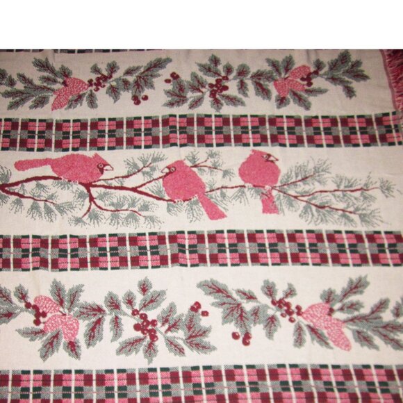 Bird & Pine Branch Throw Blanket Woven Fringe Winter Decor Red Gray White - Picture 5 of 5